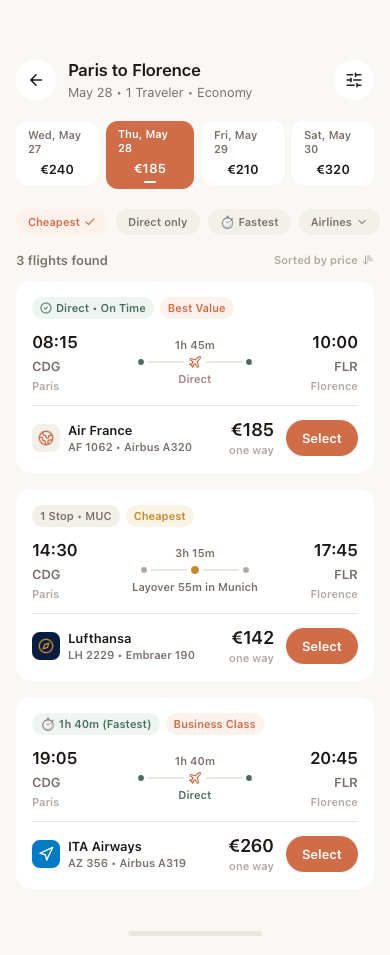 Flight Search Results — Light — .gui preview